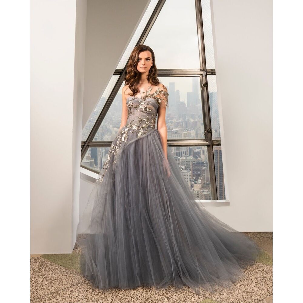 REEM ACRA Fit & Flare Beaded Tulle Ball Gown - Grey Gold US 6 $5995
